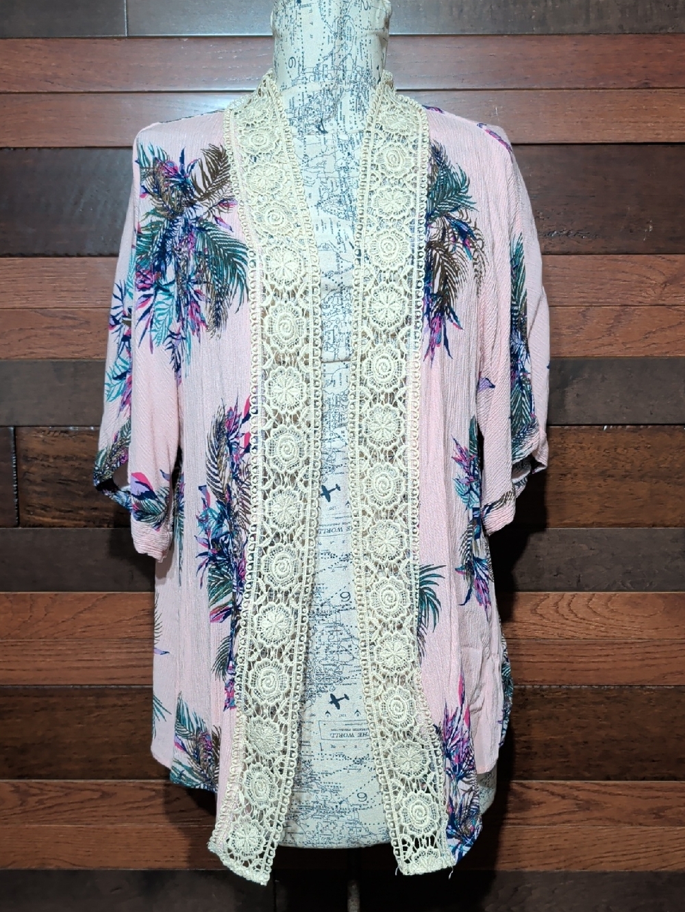 Tru Self Pink Tropical Crochet Trim Open Cardigan